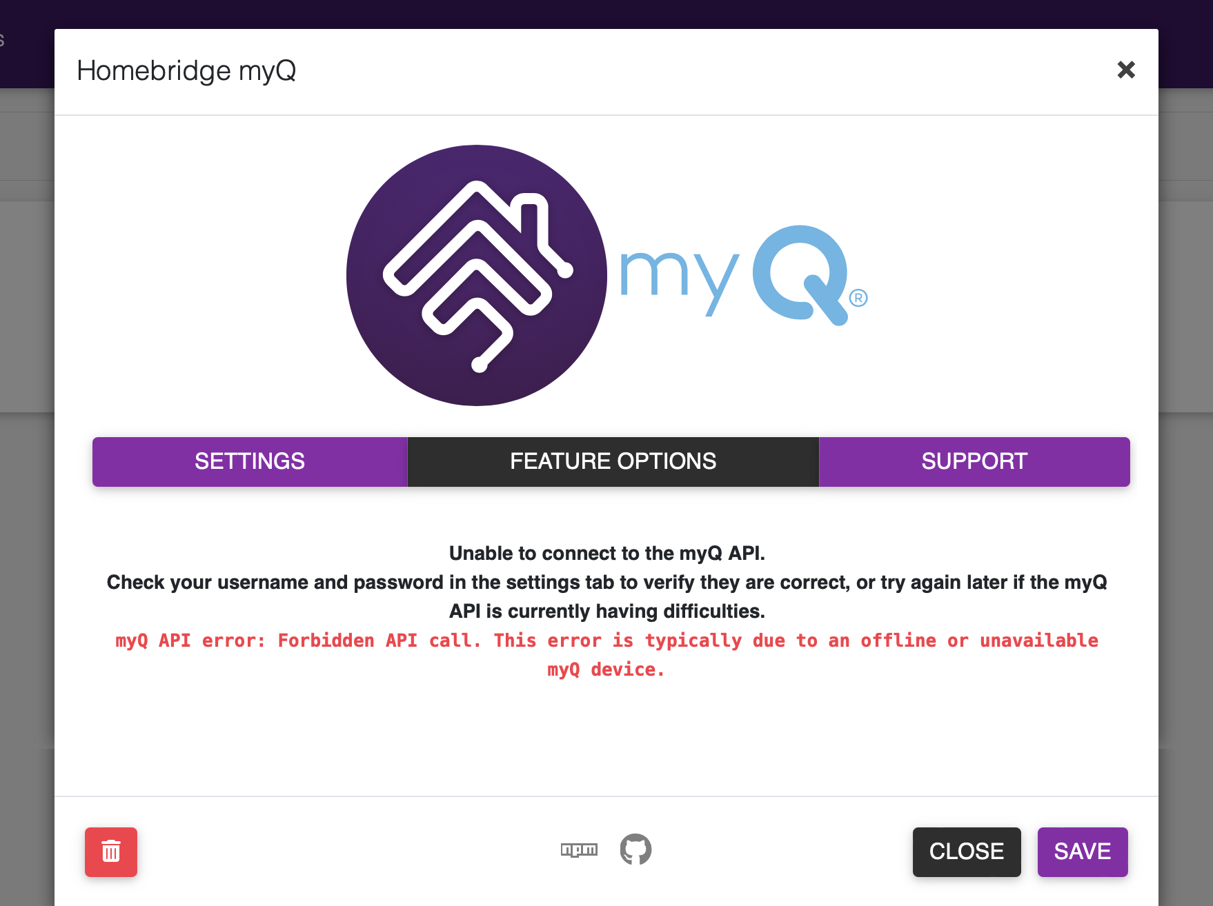 myQ API error Forbidden API call. This error is typically due to an