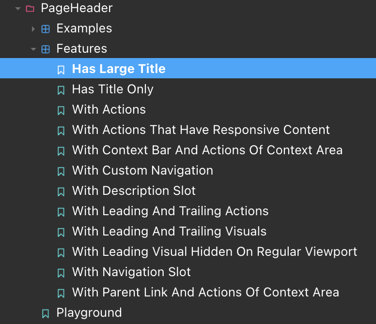 Screenshot of PageHeader feature stories sorted by alphabetically