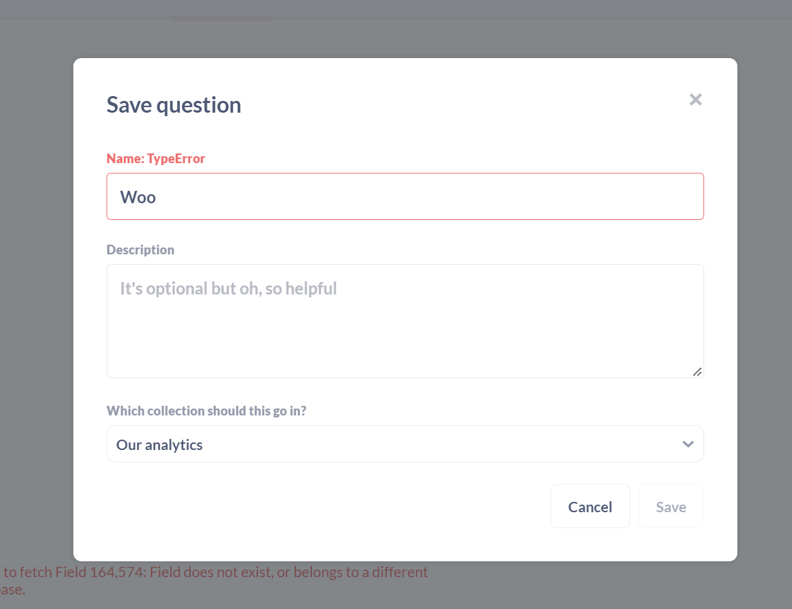 Query Build Card Save modal does not properly show errors from API ...