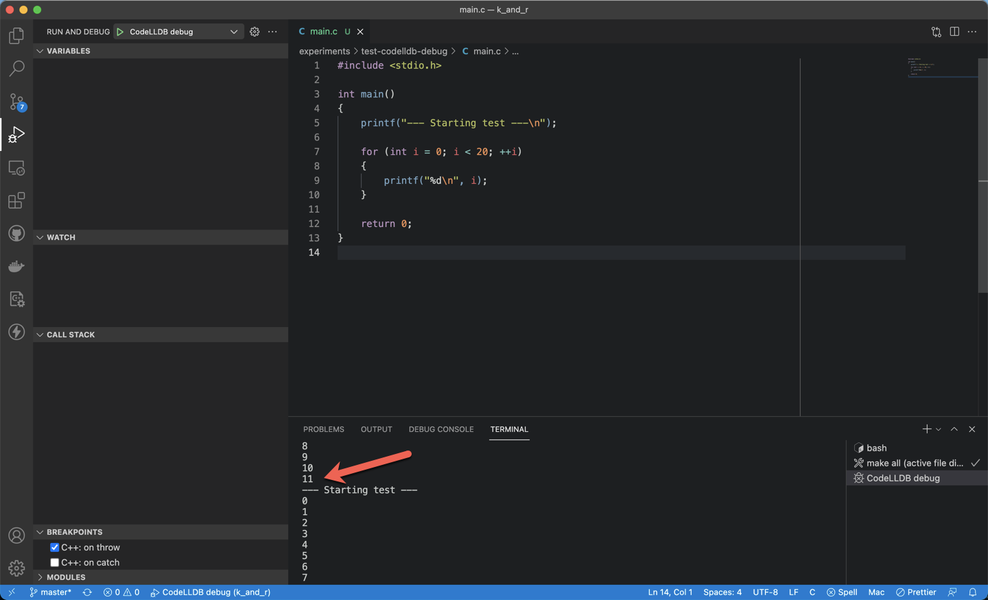 Terminal output from previous debugging sessions is printed in the ...