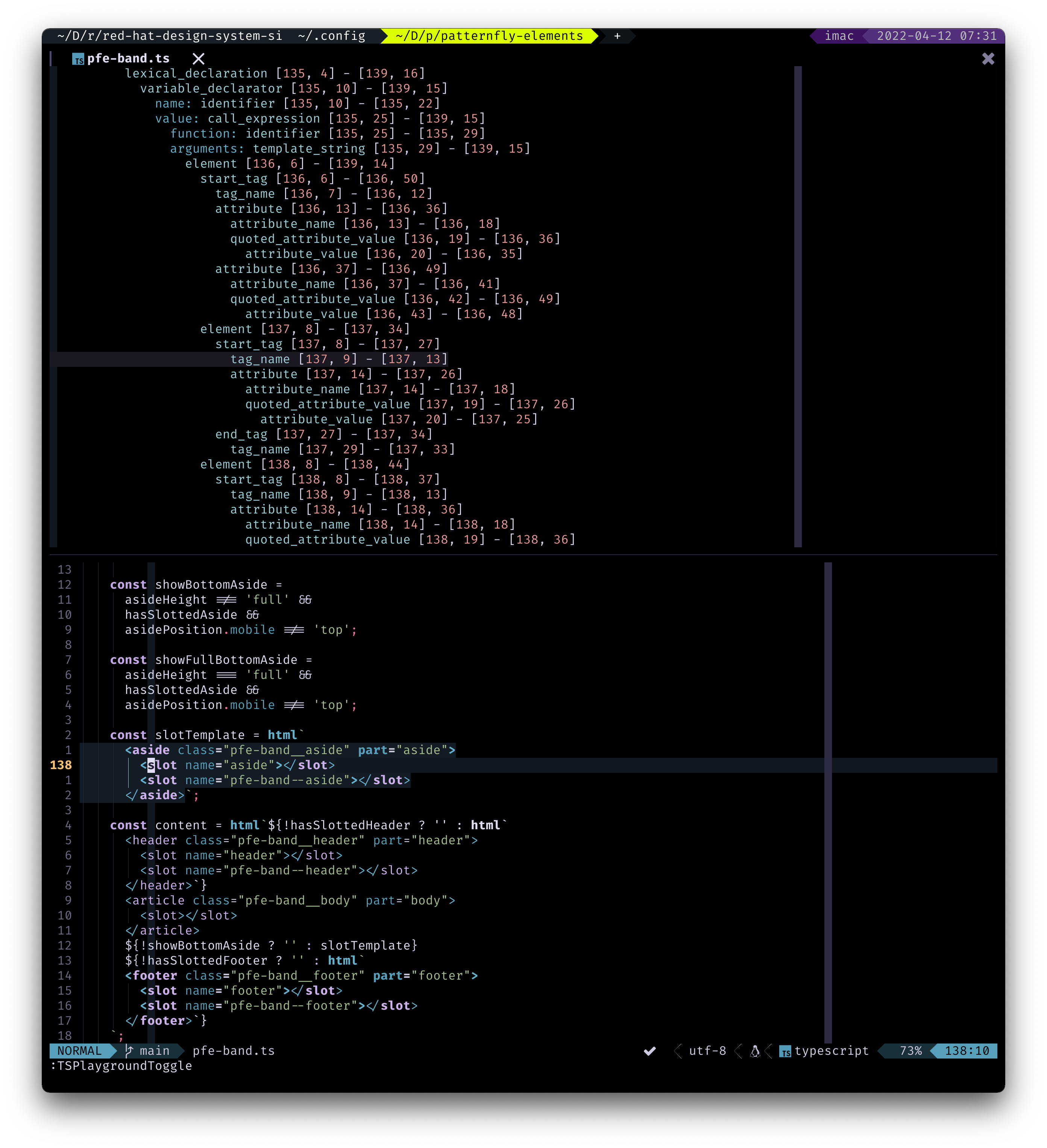 below: Typescript source code, cursor is on a <slot> element within an html-tagged template literal. above: TSPlayground showing that cursor is on a tag_name node within an HTML grammar tree