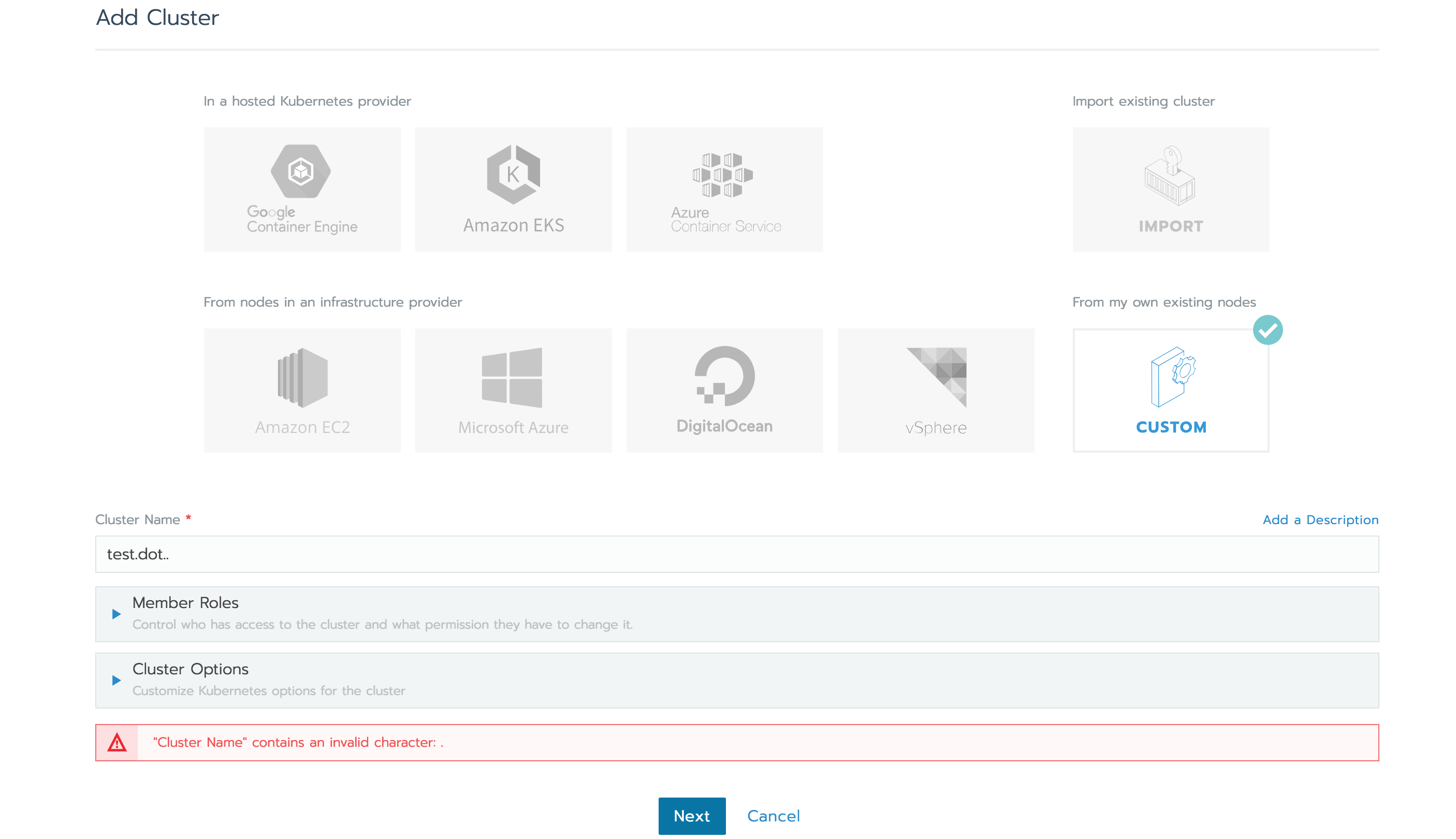 Trying to create a cluster with dots in its name silently fails for ...