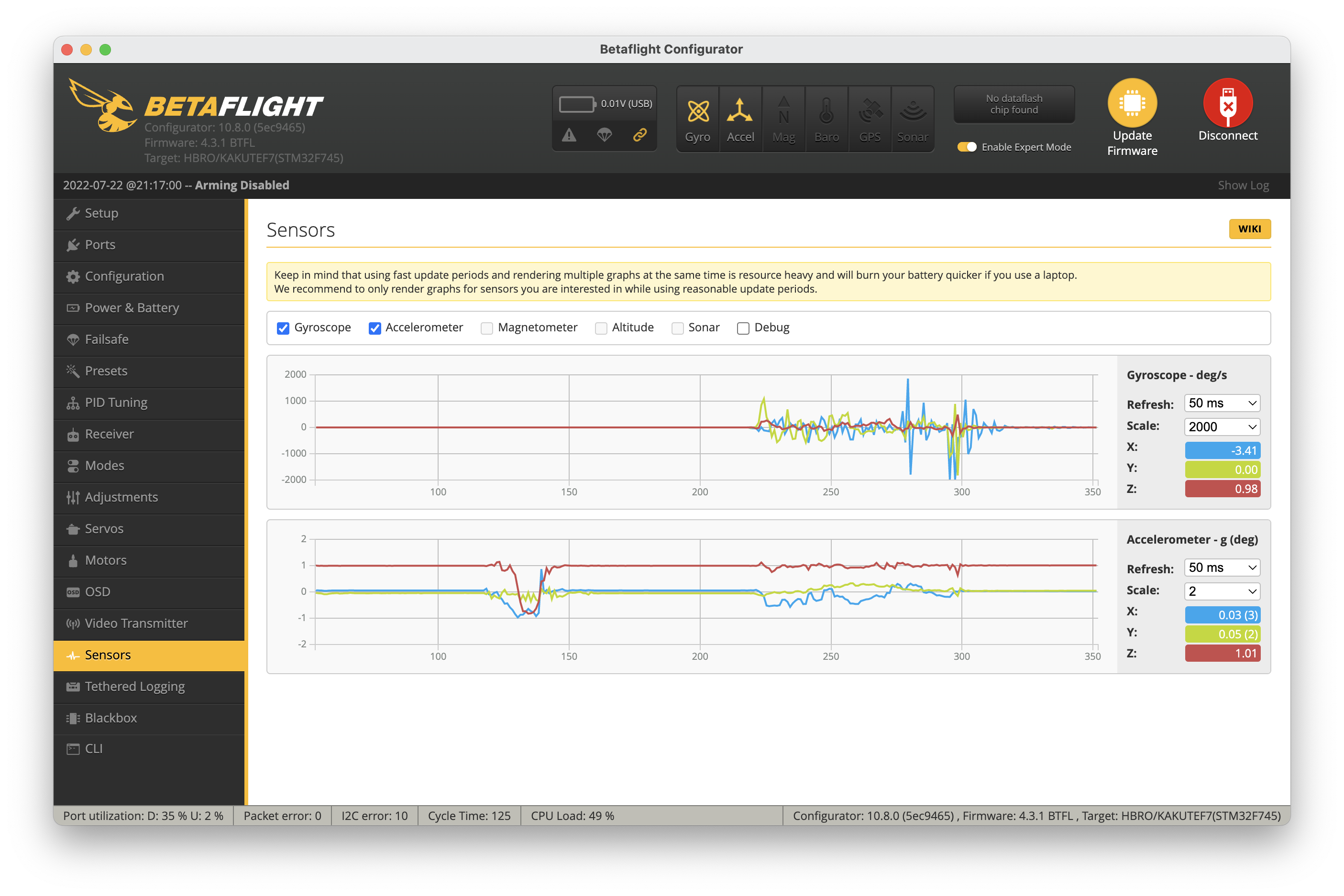 Gyro doesn't work first few minutes after power connection (battery or