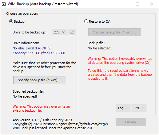 GitHub - cregx/wim-backup: Win32-based UI application for backup and  restore of Windows-based system images (Windows partition) using Windows  Imaging Format (WIM) in WinPE environment.