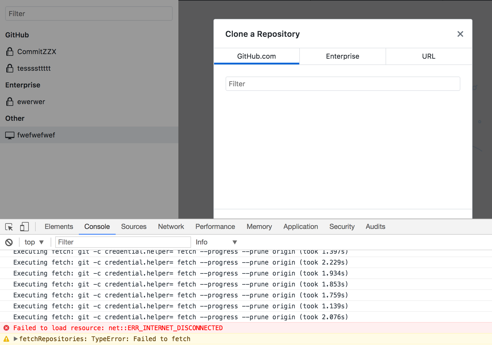 surface network error when fetching repositories in clone dialog ...