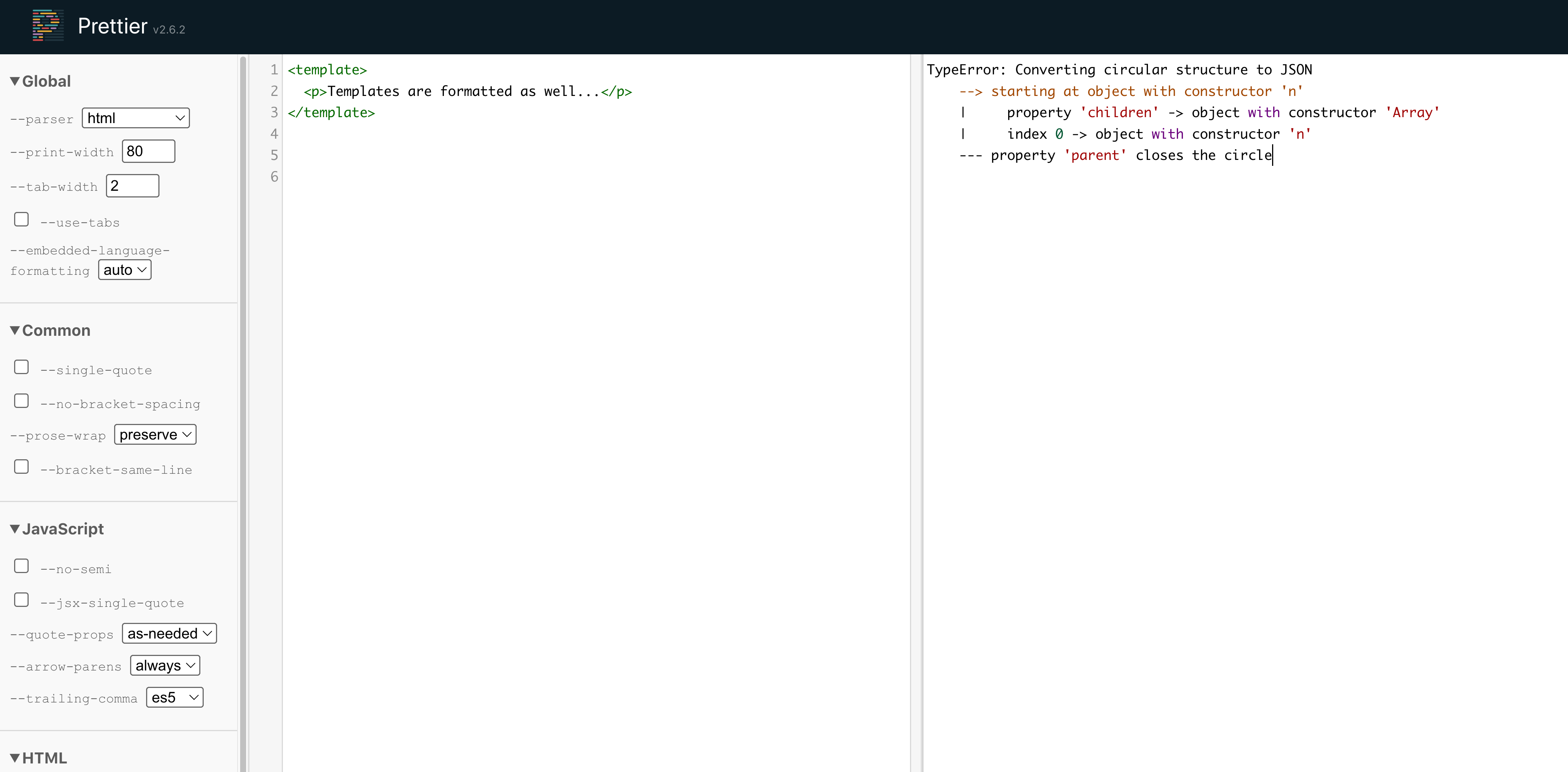 Playground: Errors when displaying HTML AST · Issue #12609 · prettier ...