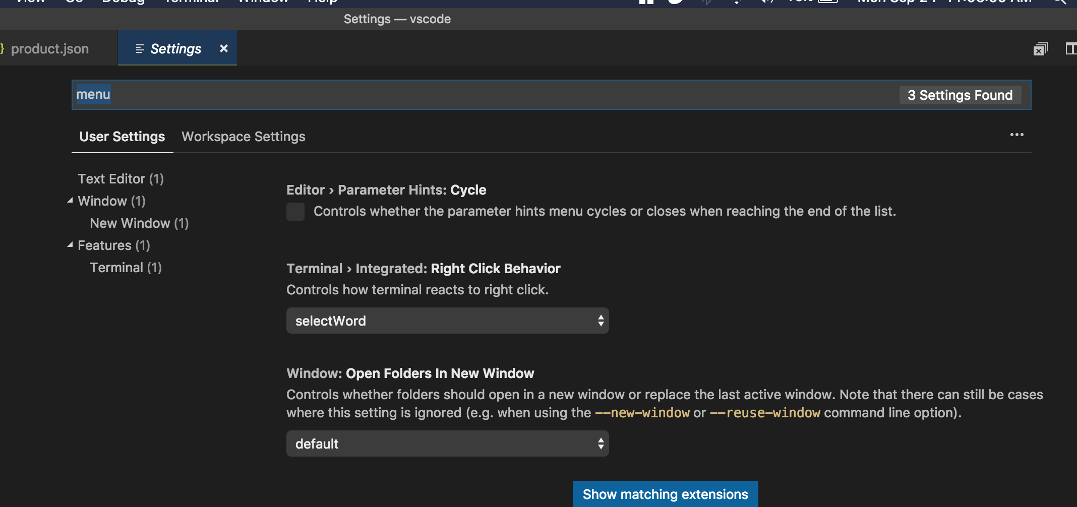 Settings search for "menu" doesn't return "window.titleBarStyle ...