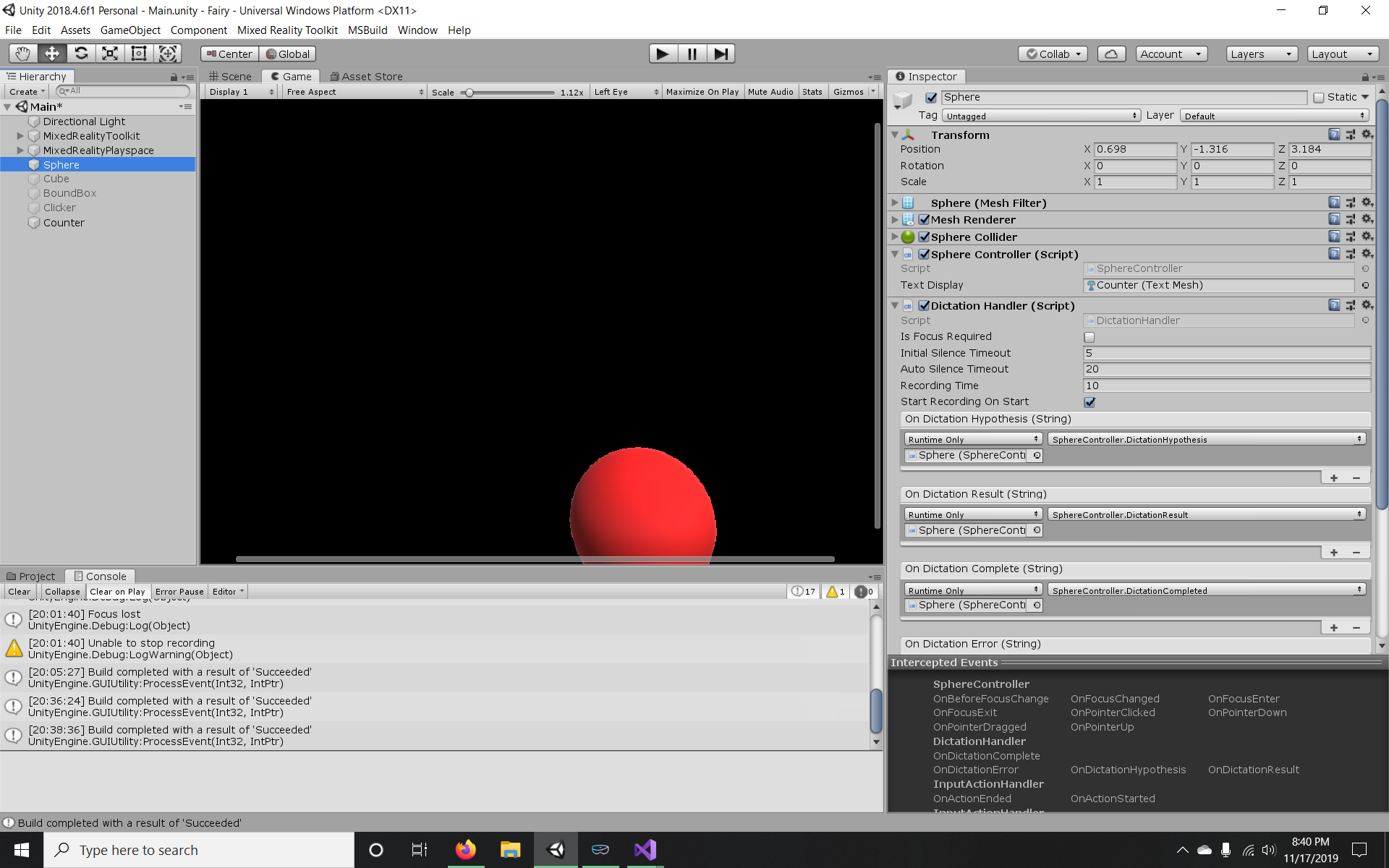 DictationRecognizer Start throws rutime exception in Hololens2 Emulator