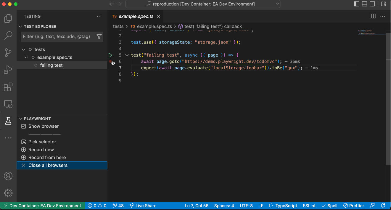 storageState not restored when running tests with "Show & reuse browser ...