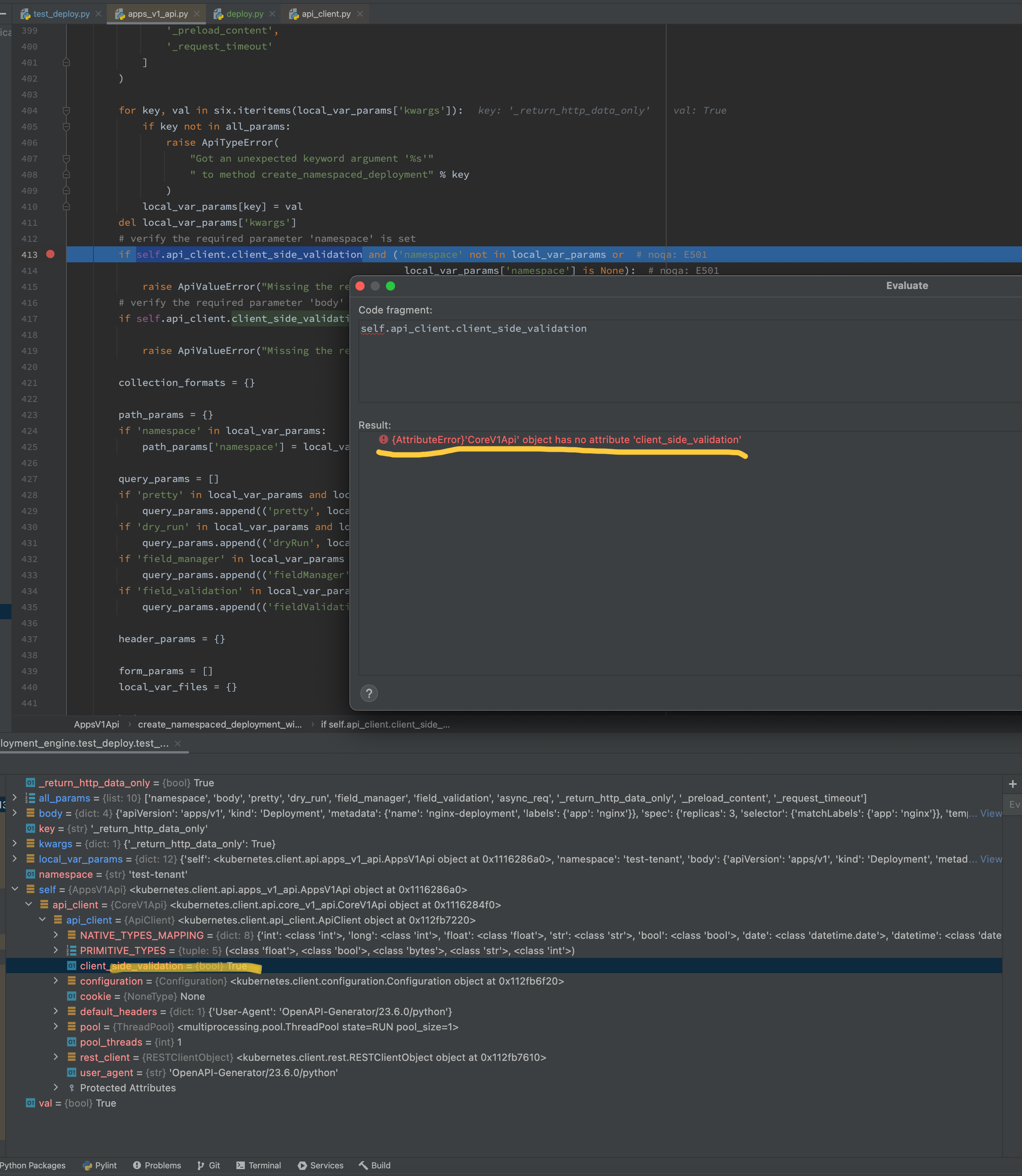 AttributeError: 'CoreV1Api' object has no attribute  'client_side_validation' · Issue #1800 · kubernetes-client/python · GitHub