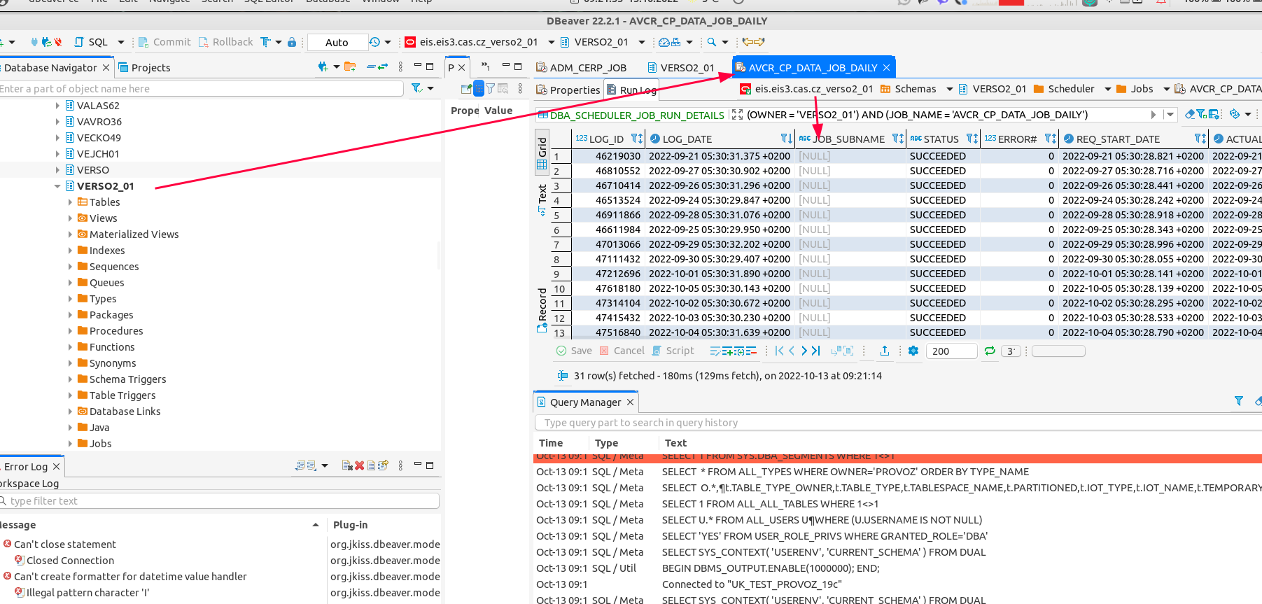 Scheduler jobs run log is empty oracle when sys schema is not visible