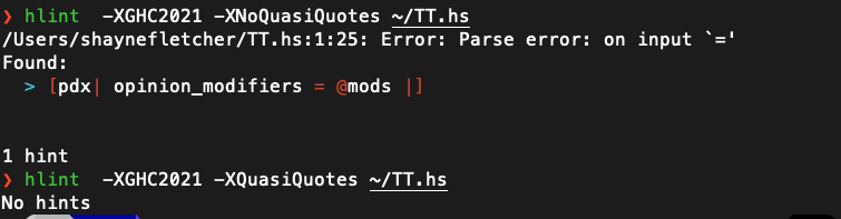 QuasiQuote parse error on input · Issue #1444 · ndmitchell/hlint · GitHub