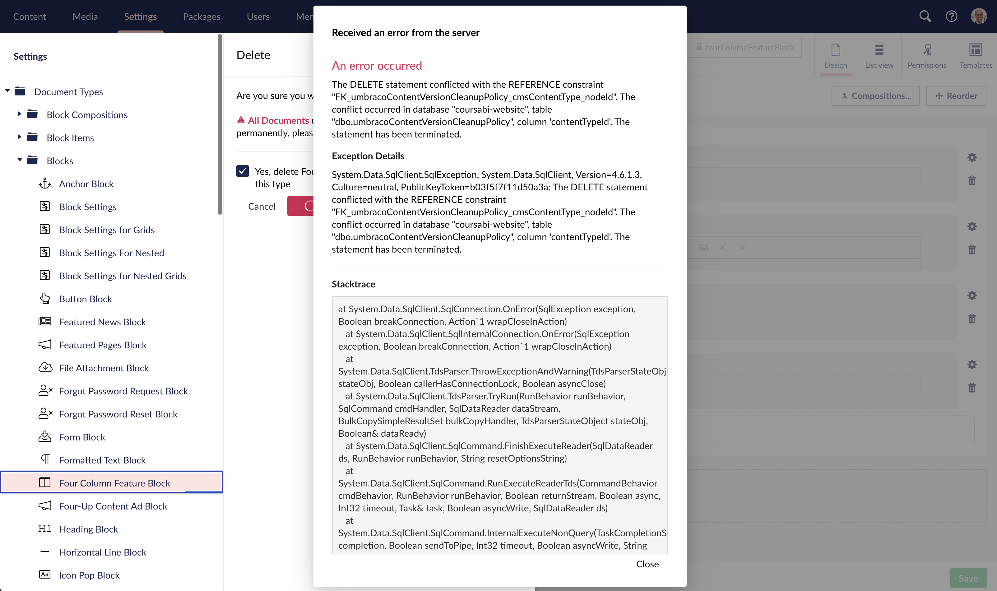 Delete Block Throws Exception · Issue 11905 · umbraco/UmbracoCMS · GitHub