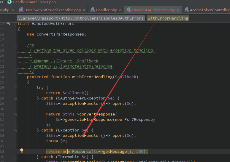 laravel5.5, use the passport's findForPassport method to throw a custom