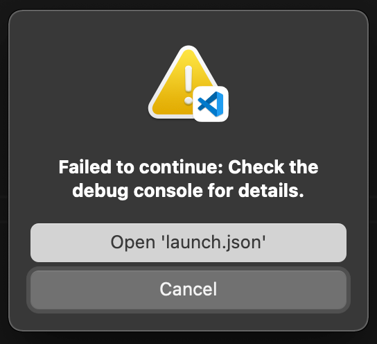 Disable popup "Failed to continue: Check the debug console for details ...