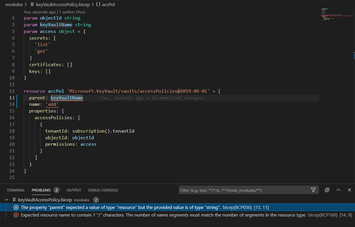 name on Microsoft.KeyVault/vaults/accessPolicies generates error ...