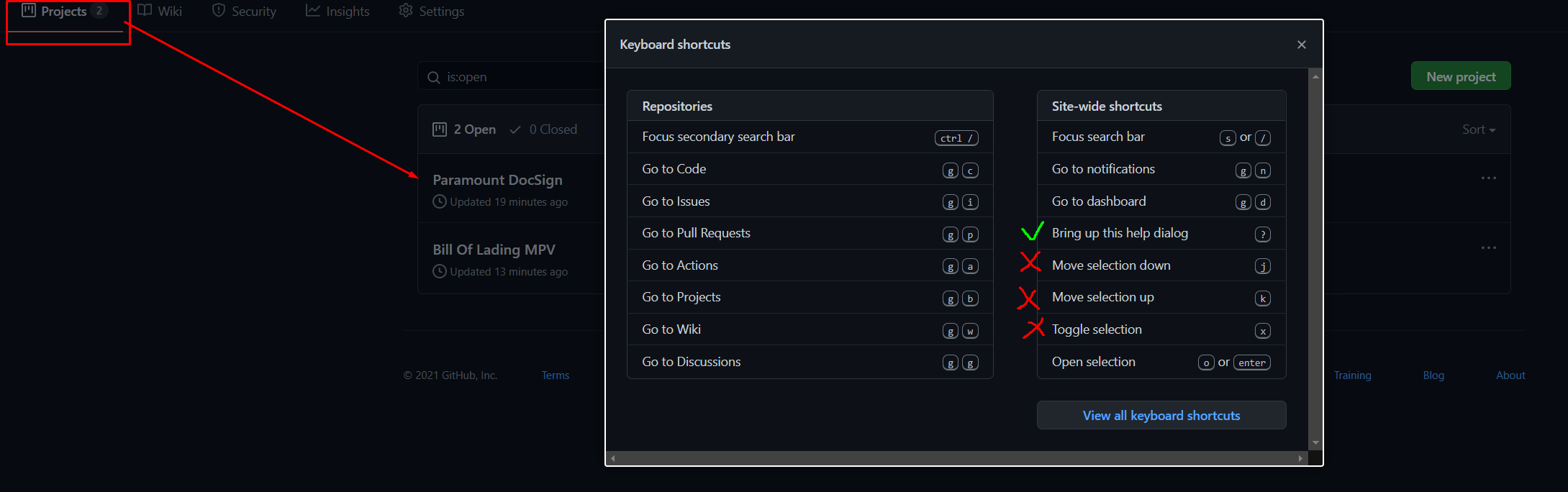 Shortcuts not working in projects tab · Issue #6712 · github/docs · GitHub