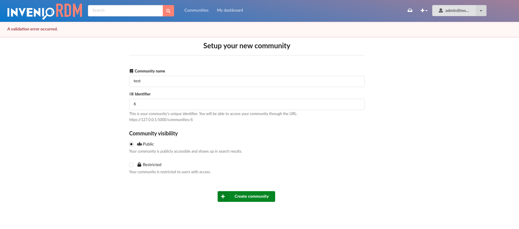Accessibility: Validation error on creating a new community without a ...