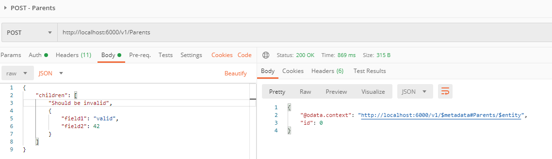 No validation error when invalid json data is POSTed for collection ...