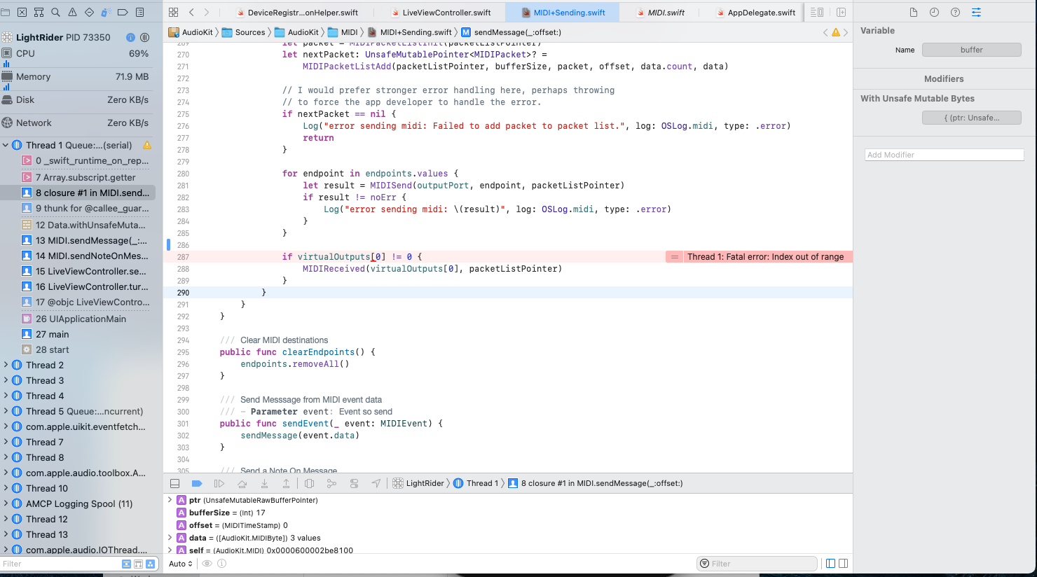 Bug MIDI+Sending Audiokit 5 Dev Branch, Index out of range line 287