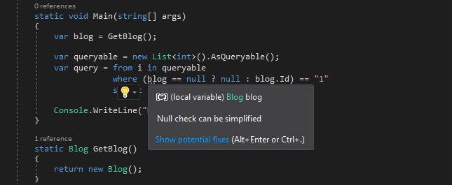 Null check can be simplified produces code with compilation error ...