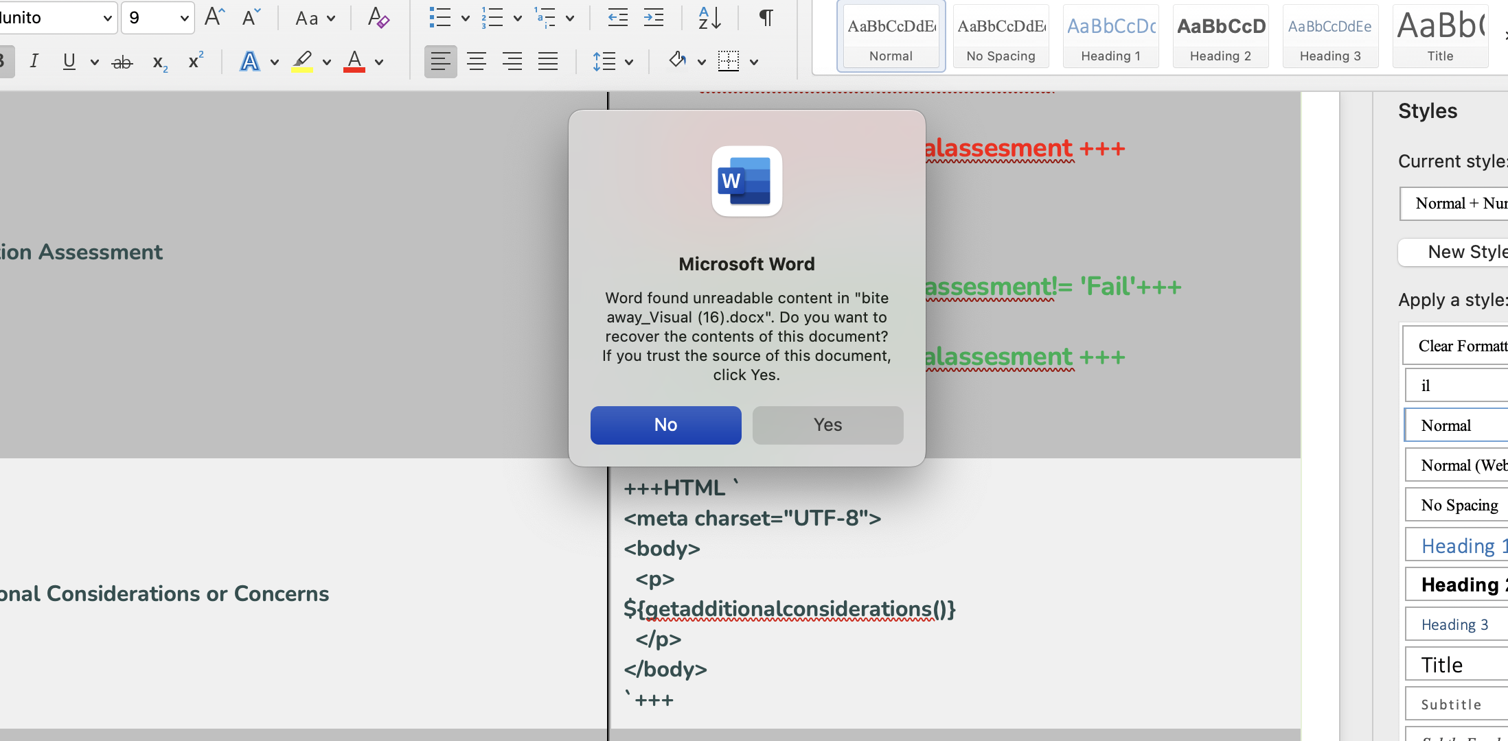 HTML text not appearing in table in docx template. On opening the