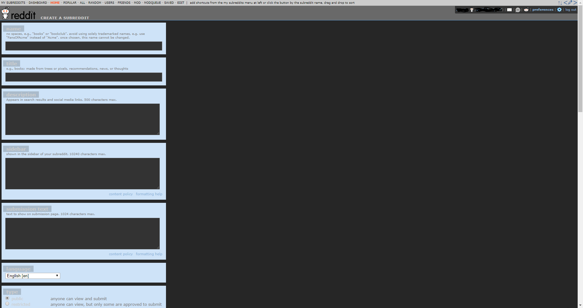 Night mode not working properly on subreddit creation page · Issue