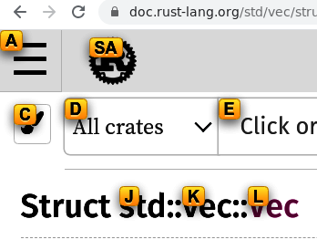 Screenshot of Vimium link hints on a Rustdoc page, indicating that the sidebar toggle is clickable