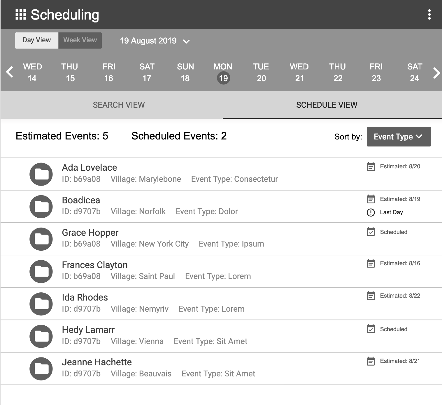 Data Collector views events in schedule with icons, estimated date info ...