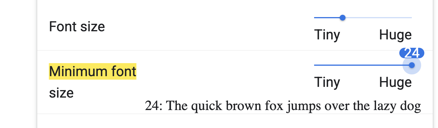 Chrome's "minimum font size" seems to have no effect on web text ...