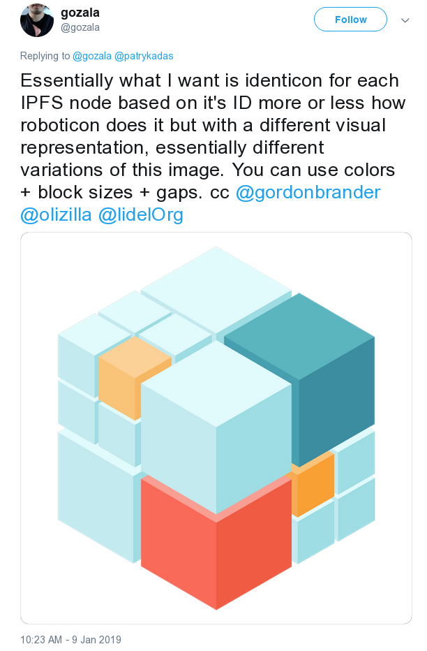 Essentially what I want is identicon for each IPFS node based on it's ID more or less how roboticon does it but with a different visual representation
