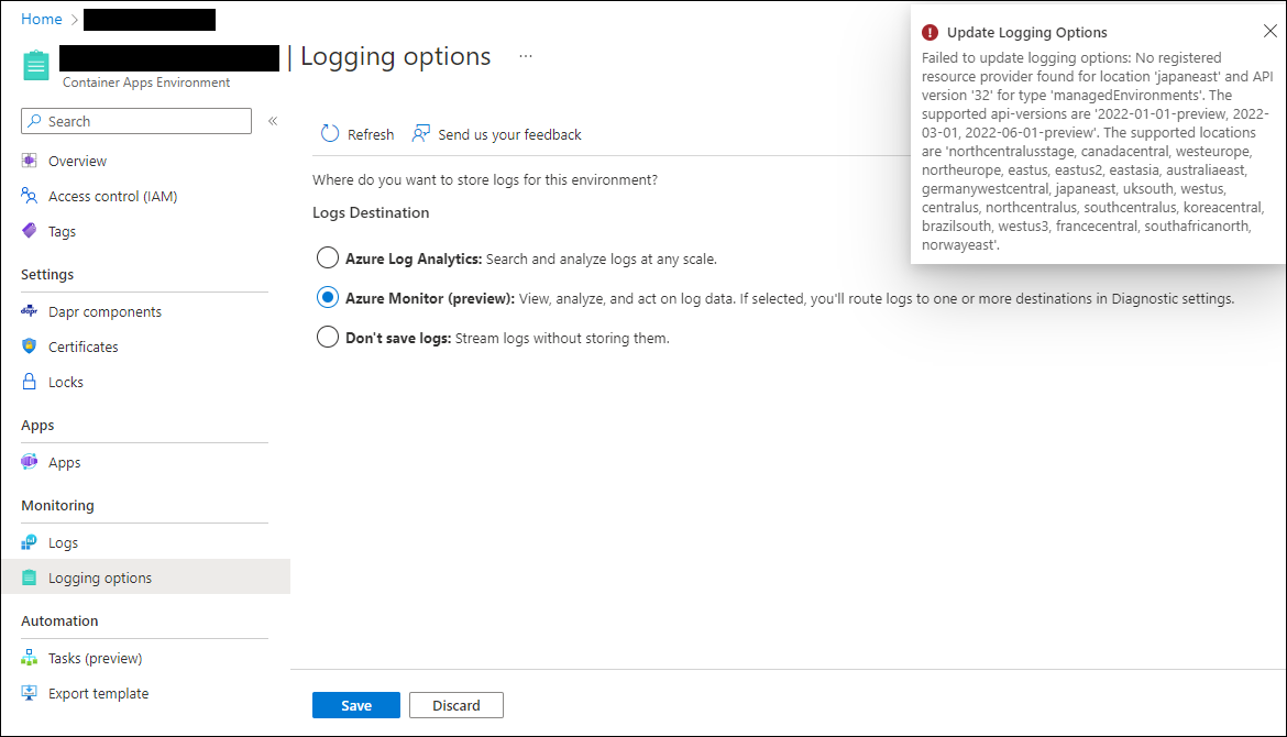 Error when trying to change Logs Destination from Azure portal · Issue ...