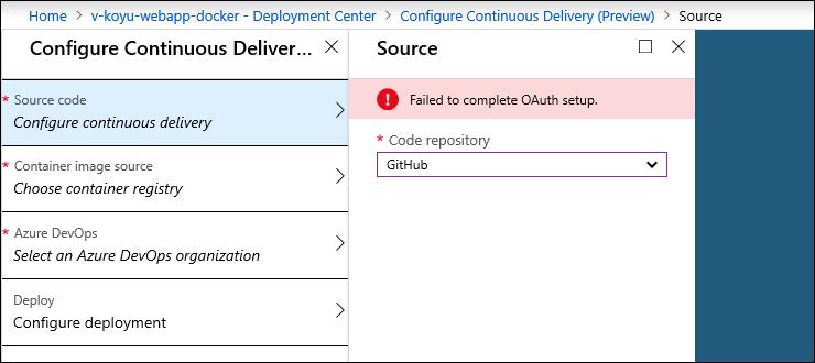 "Failed to complete OAuth setup." is displayed when I select Github for ...