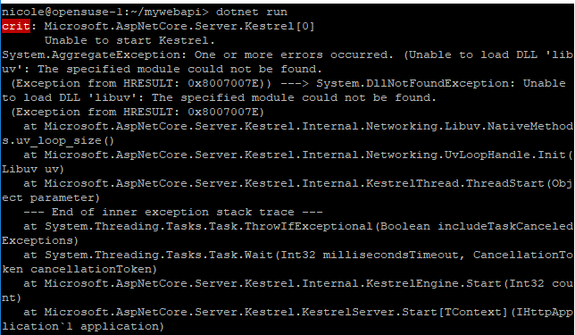 Dotnet run for mvc, web, webapi failed on OpenSuse 42.3 with sdk 1.1.11 ...
