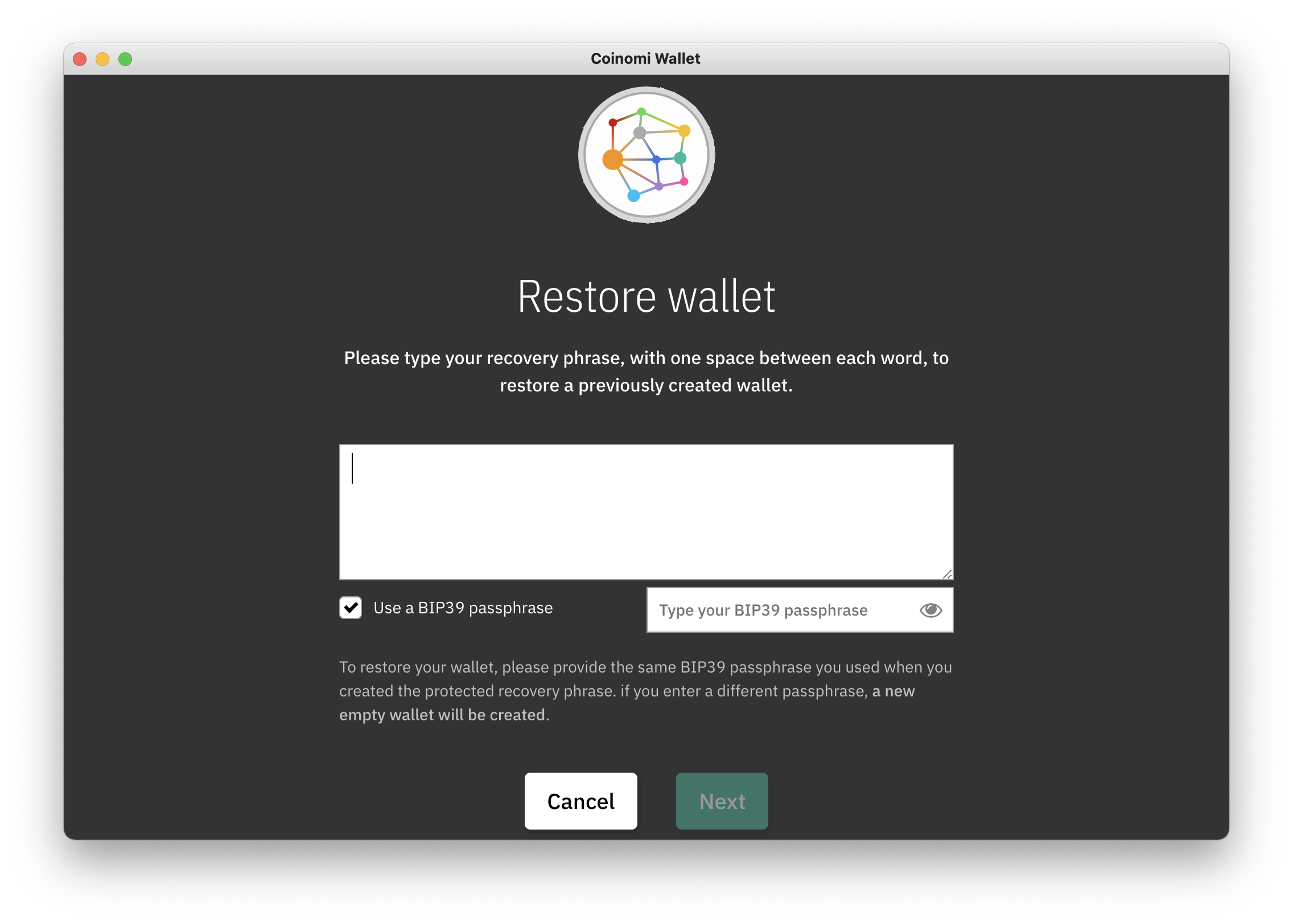 Optional BIP39 passphrase at wallet creation and restore · Issue 17