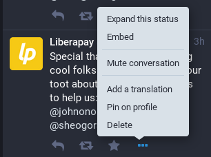Screenshot of a toot's dropdown with an extra option labeled "Add a translation"