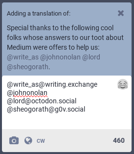 Screenshot of the compose area when replying to a toot, modified to display the text "Adding a translation of:" instead of a link to the original toot's author