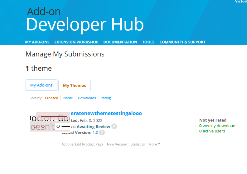 Developer hub "Manage my submissions" page is broken for "My Themes ...
