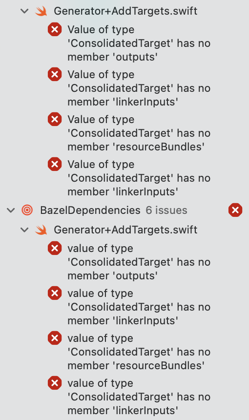 Issue navigator showing the same errors on both the BazelDependencies target and the generator.library target