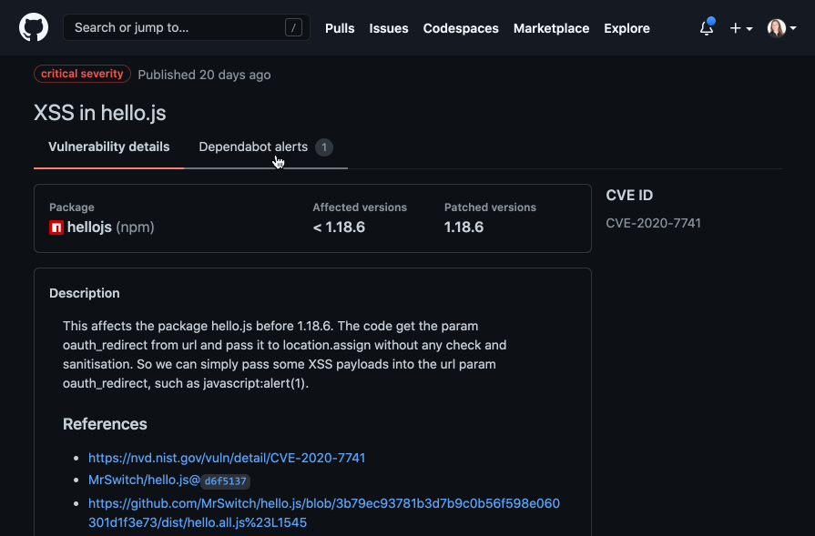 Demonstration of a user selecting 'Dependabot alerts' on an advisory in the GitHub Advisory Database