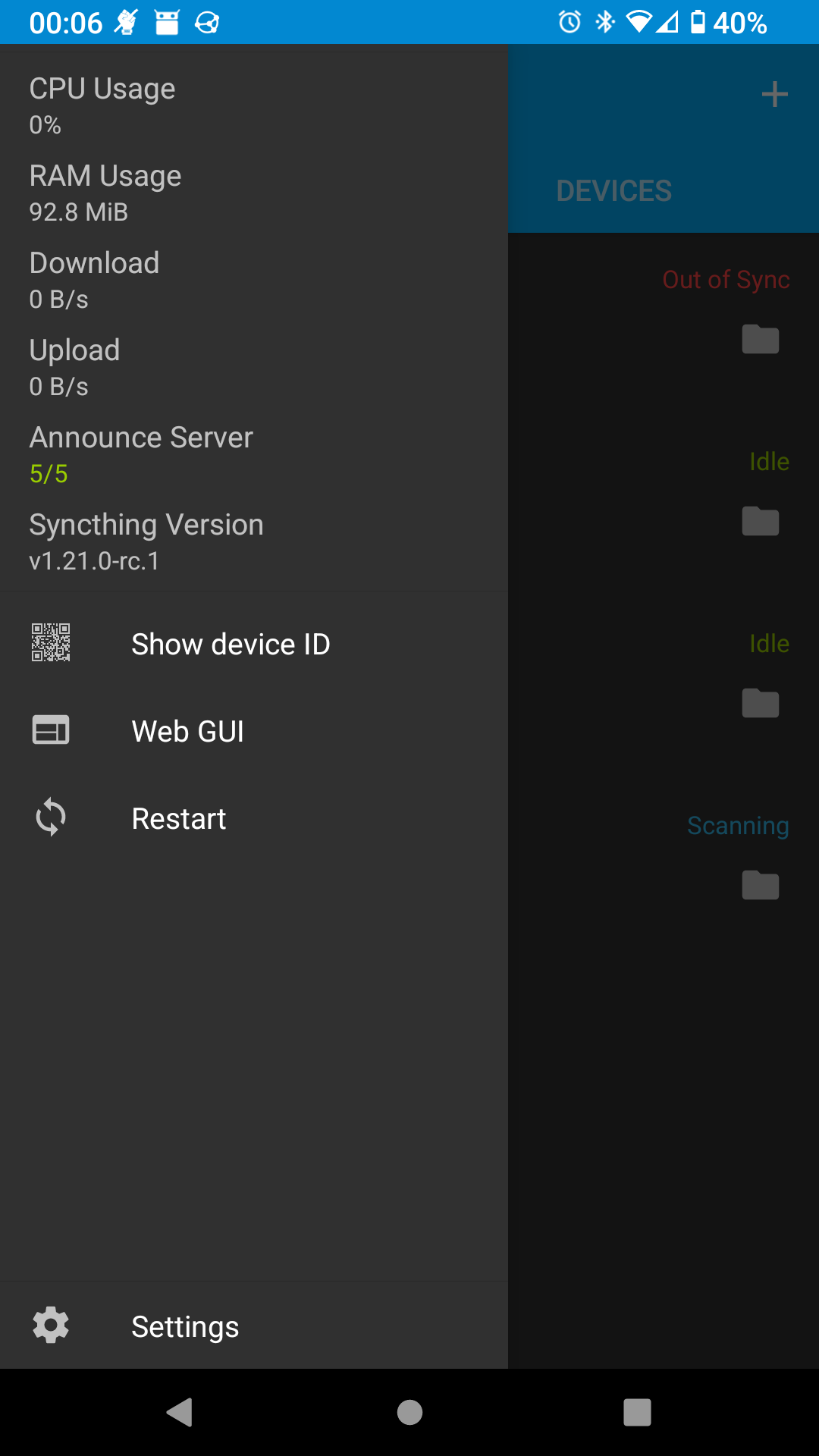 Screenshot of Syncthing's menu without an exit entry