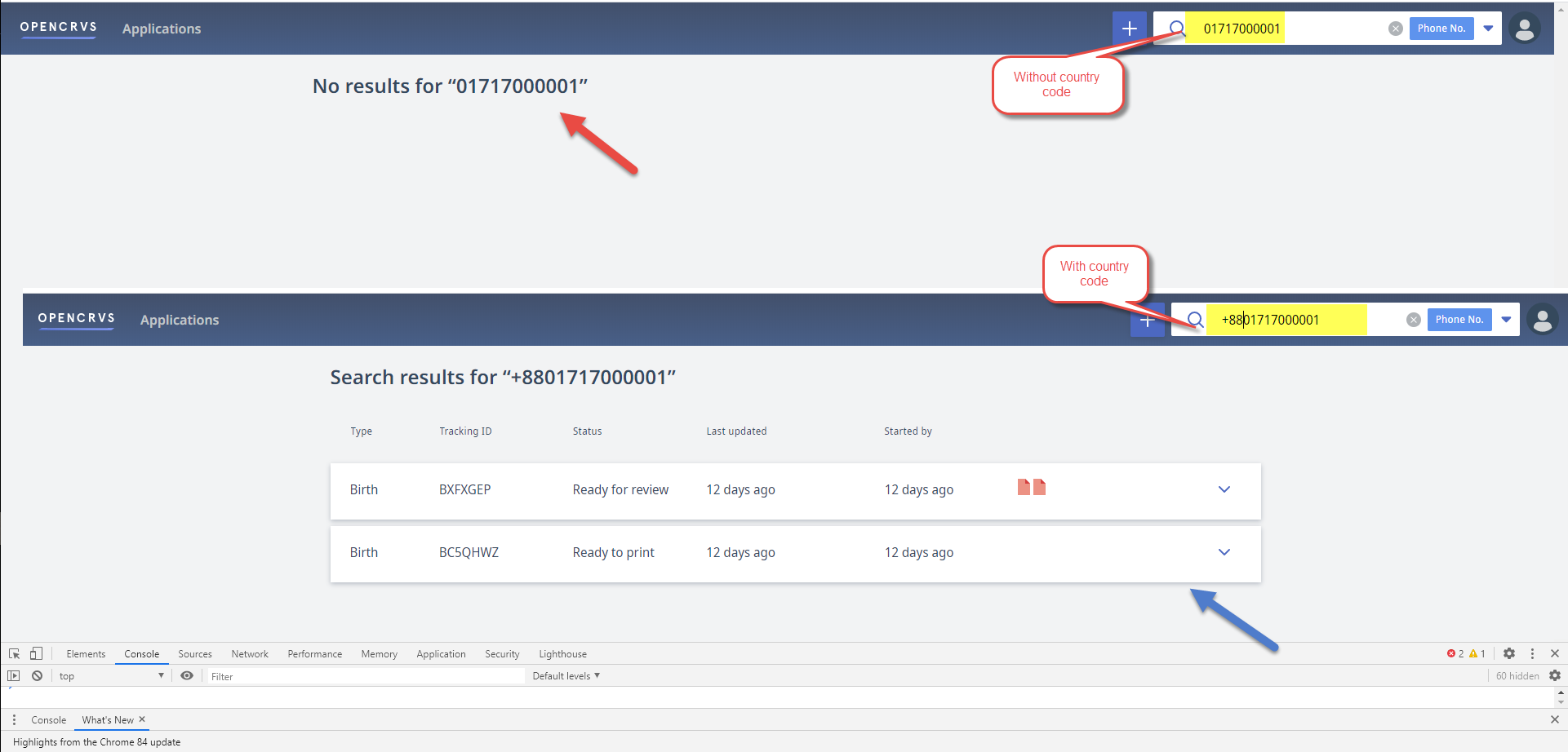 Phone number with country code search