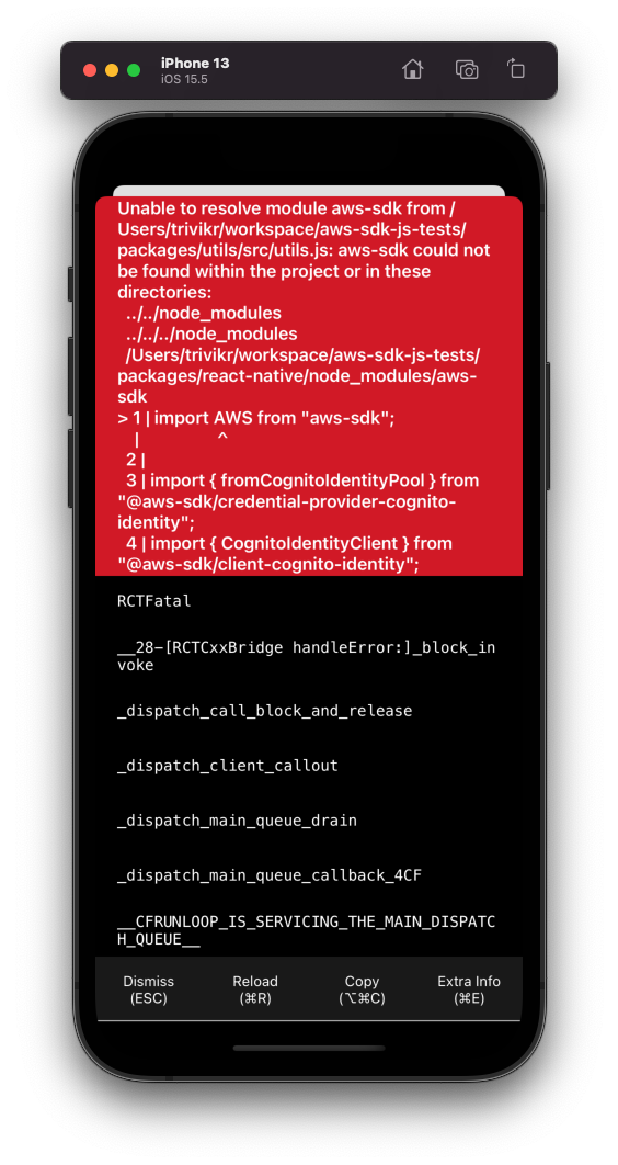The command `yarn start:ios` fails with `Unable to resolve module aws ...