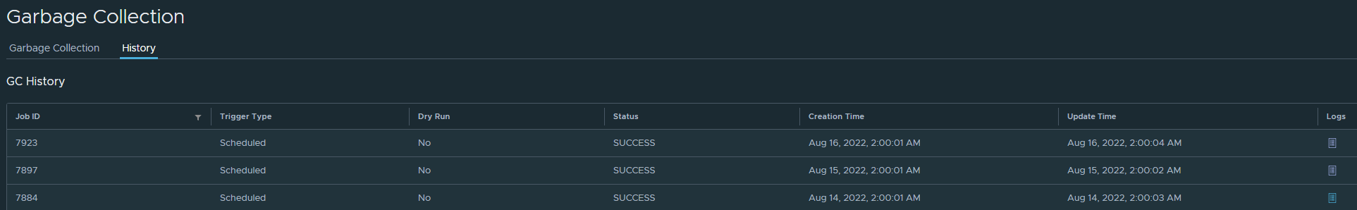 Only the latest Garbage Collection history log (scheduled) is available ...