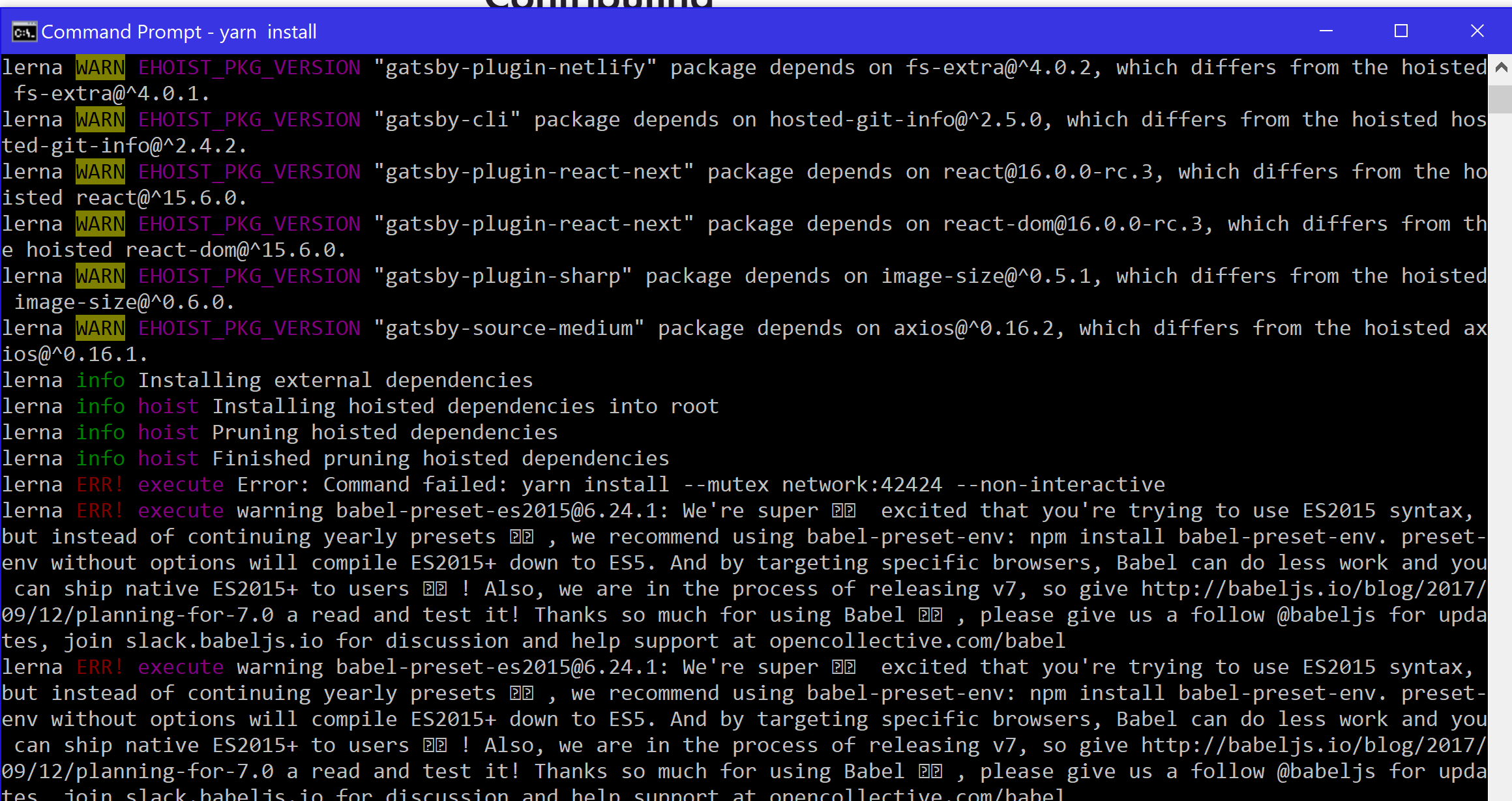 Yarn run bootstrap error · Issue 2236 · gatsbyjs/gatsby · GitHub