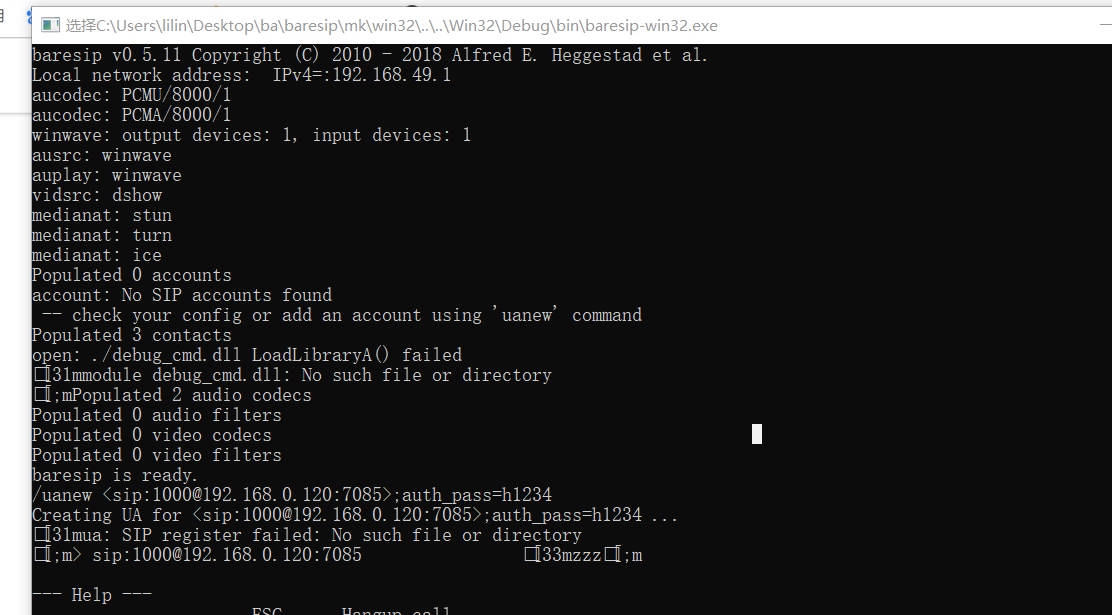 baresip win32 .sln run uanew reg error? No such file or directory ...