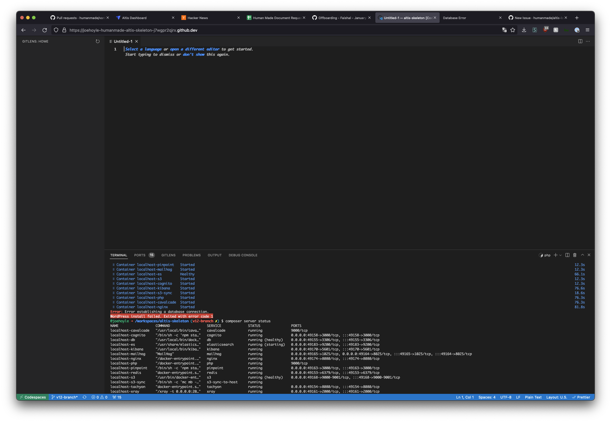 GitHub Codespaces shows "Error establishing a database connection ...