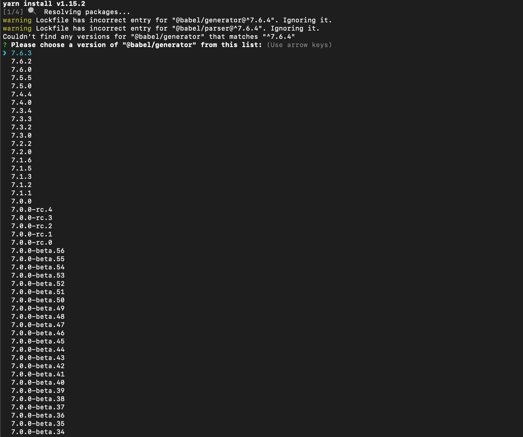 No matching version found for @babel/generator@^7.6.4 · Issue #7806 ...