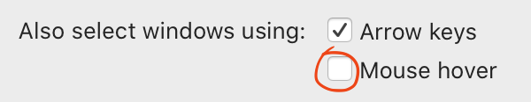 Screenshot showing a snippet of AltTab options window with the option 'Mouse hover' switched off