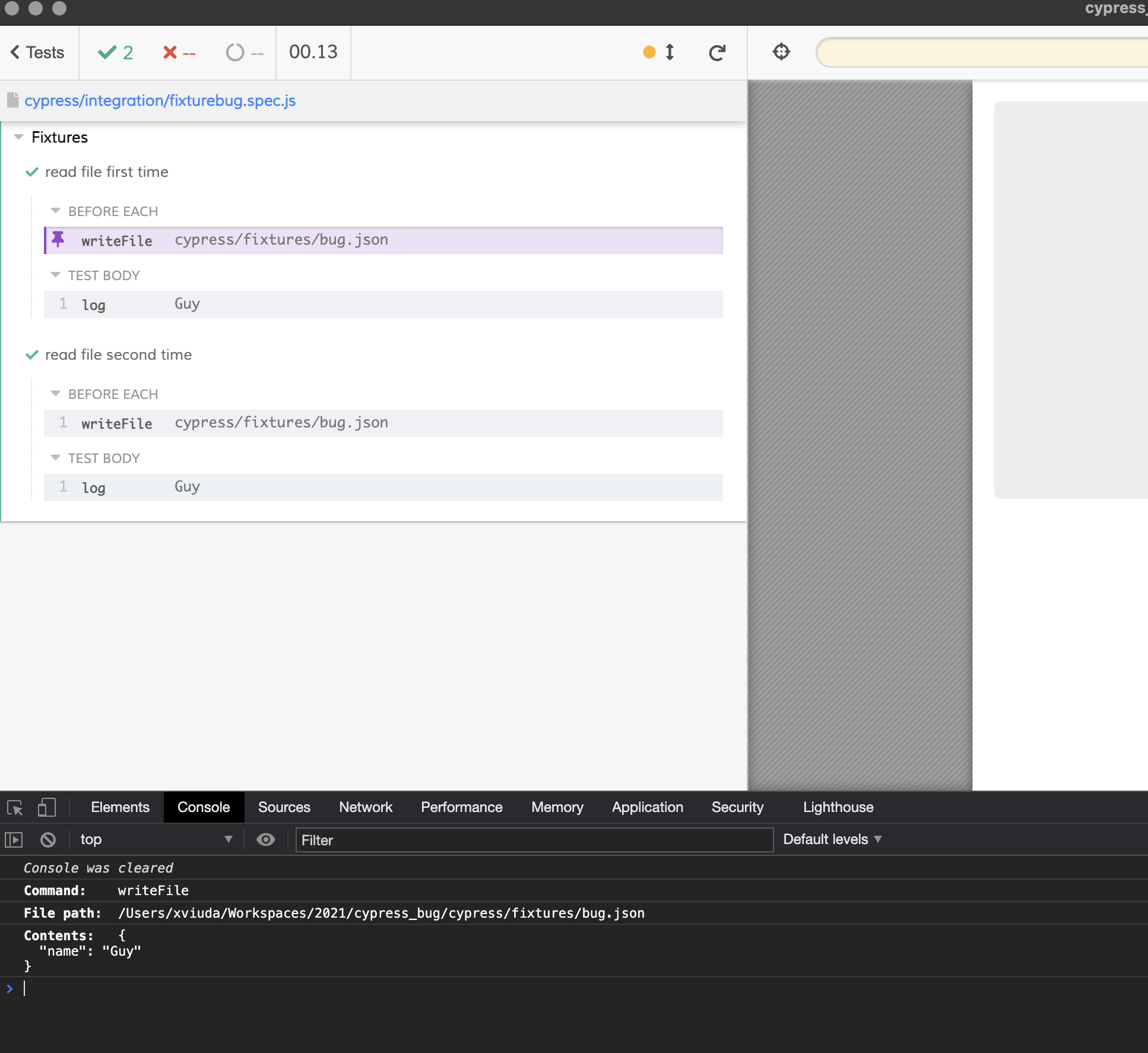 Cypress Fixture problem cy.fixture keeps old data in memory when
